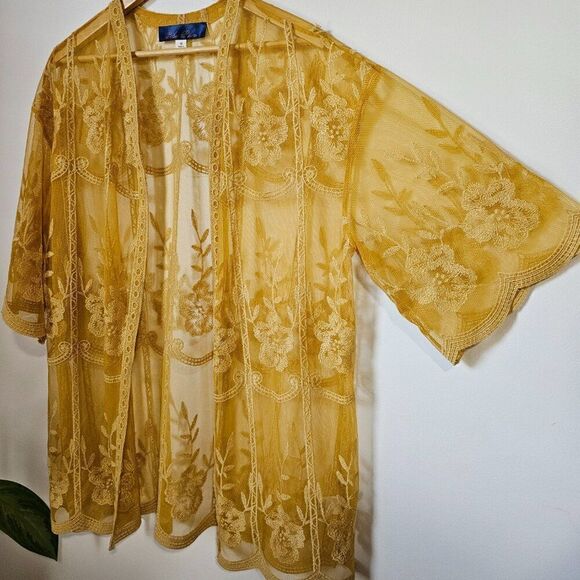 EUC LIKE NEW BLUE RAIN MUSTARD LACE EMBROIDERED BOHO KIMONO TOP SIZE M - Picture 1 of 13